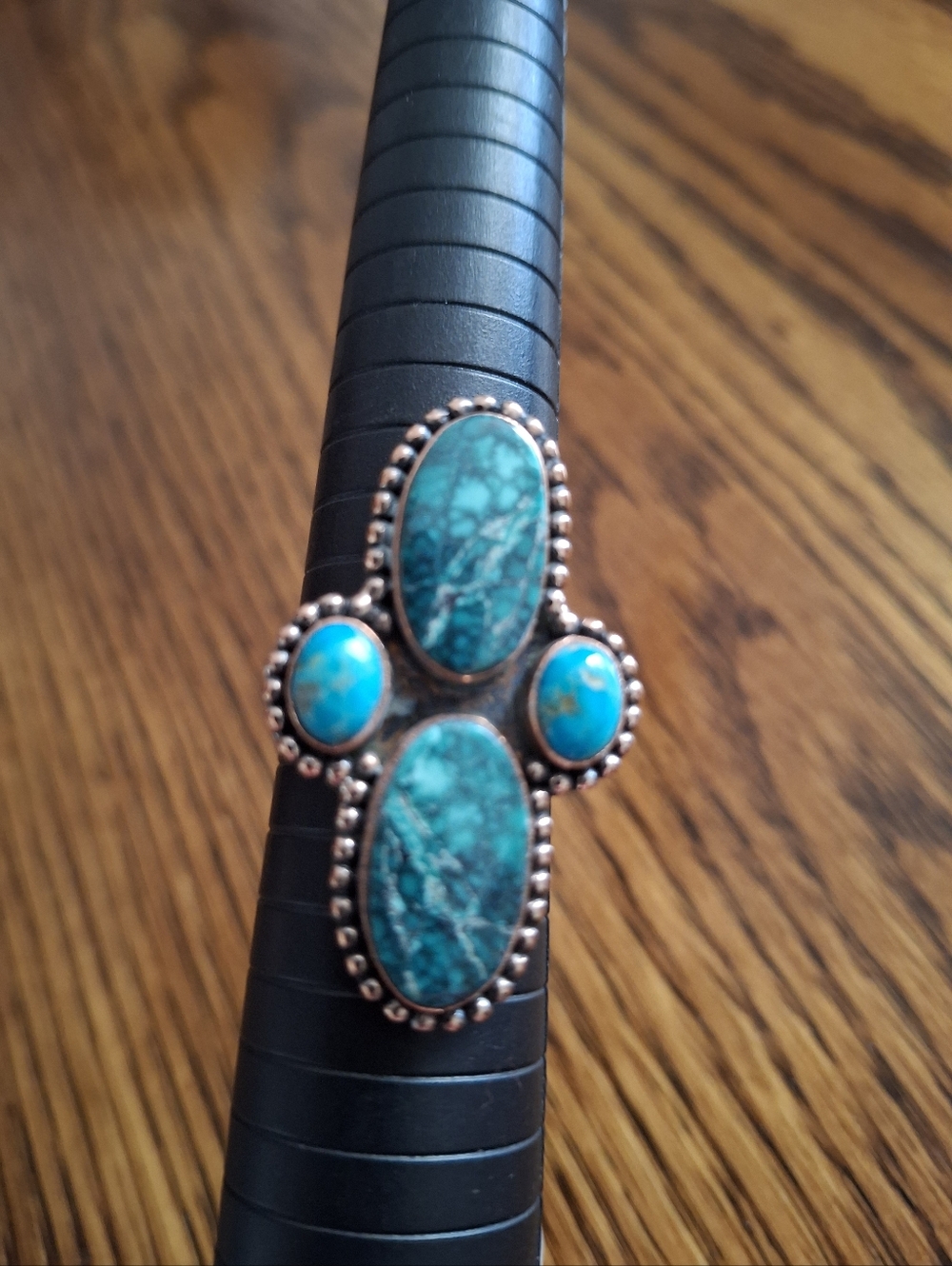 Ring Turquoise 4 Stone Set In Copper Frame And Band Adjustable Band